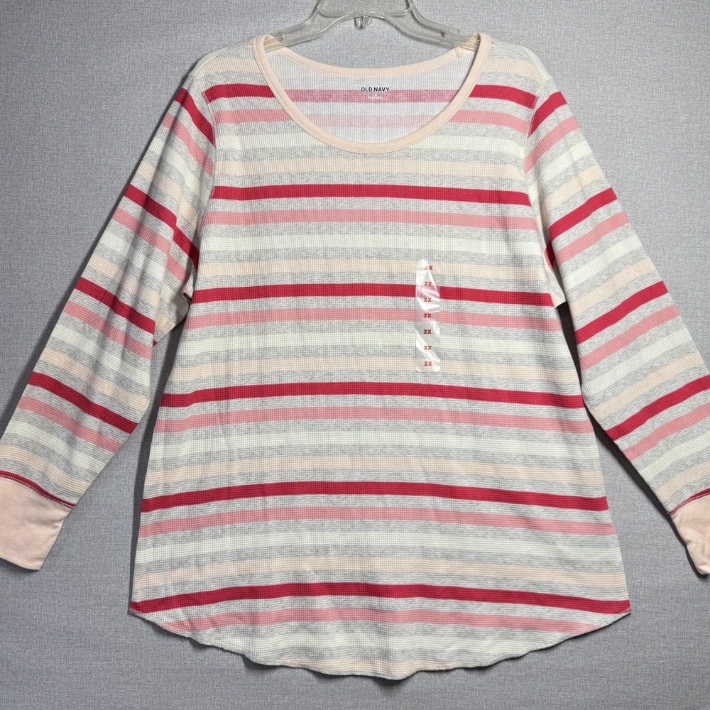 Old Navy Shirt Womens 2X Multicolor Stripe Long Sleeve Thermal Waffle Knit Top